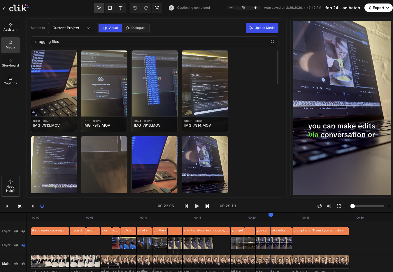 Clik video editor interface showing media search, timeline, and AI assistant